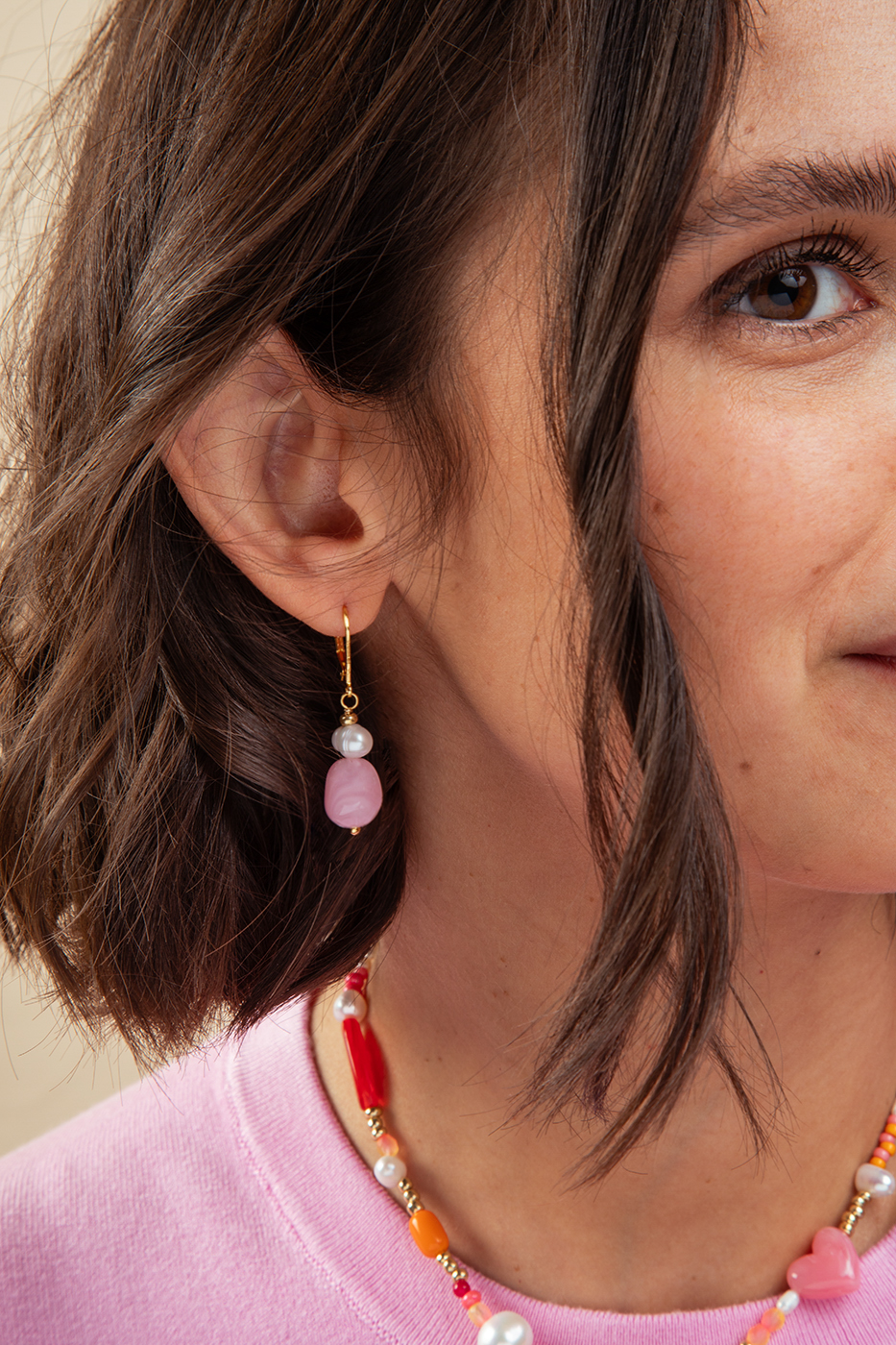 Boucles d'oreilles avec perle rose Mademoiselle Nuage