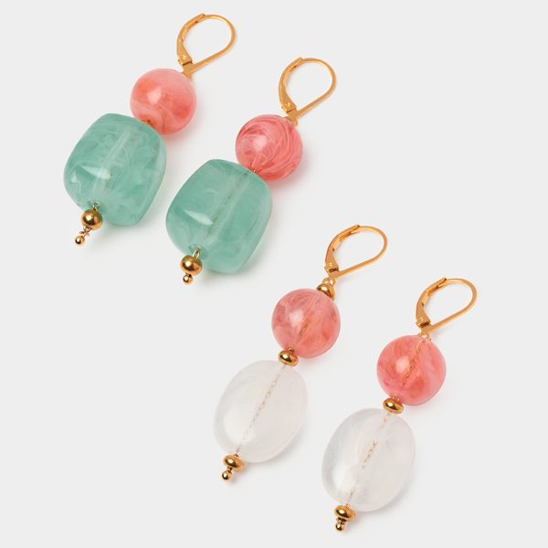 Boucles d'oreilles colorées artisanales en galets acryliques nacrés, deux coloris corail et menthe ou corail et cristal, collection Riviera Mademoiselle Nuage