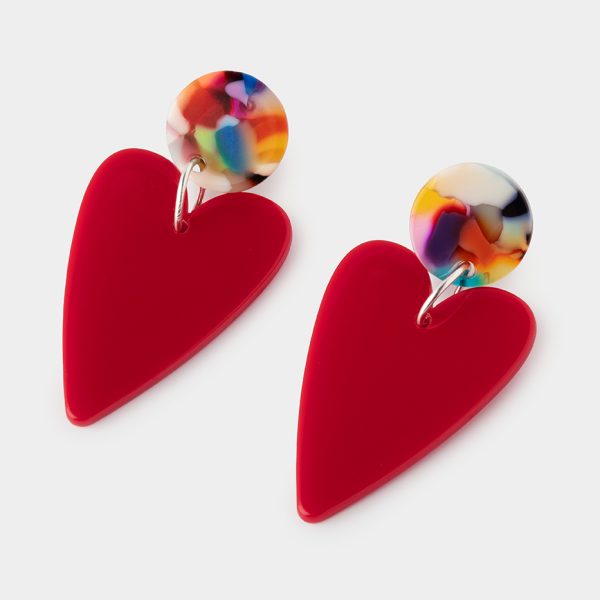 Grandes boucles d'oreilles pendantes cœur rouge et puce multicolore terrazzo, collection Riviera Mademoiselle Nuage